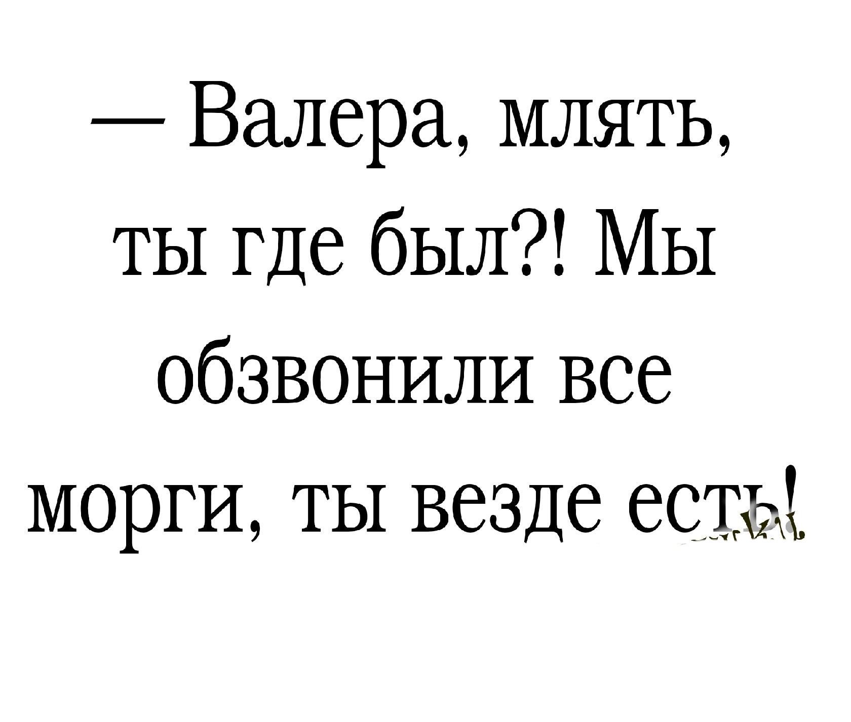 Валера млять ты где был МЫ обзвонили все морги ТЫ везде соды