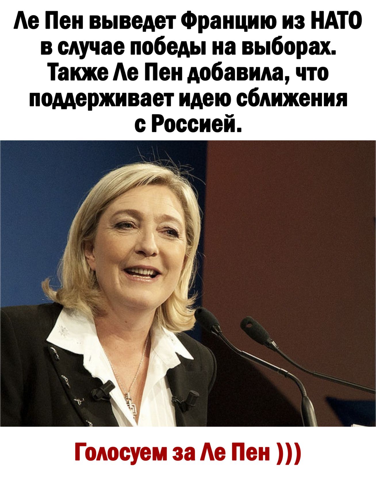 Ае Пен выведет Францию из НАТО в сдучае победы на выборах Также Ае Пен добавила что поддерживает идею сближения с Россией Голосуем за Ае Пен