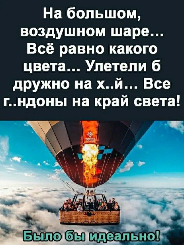 На большом воздушном шаре Всё равно какого цвета Улетели б дружно на хй Все гндоны на край света