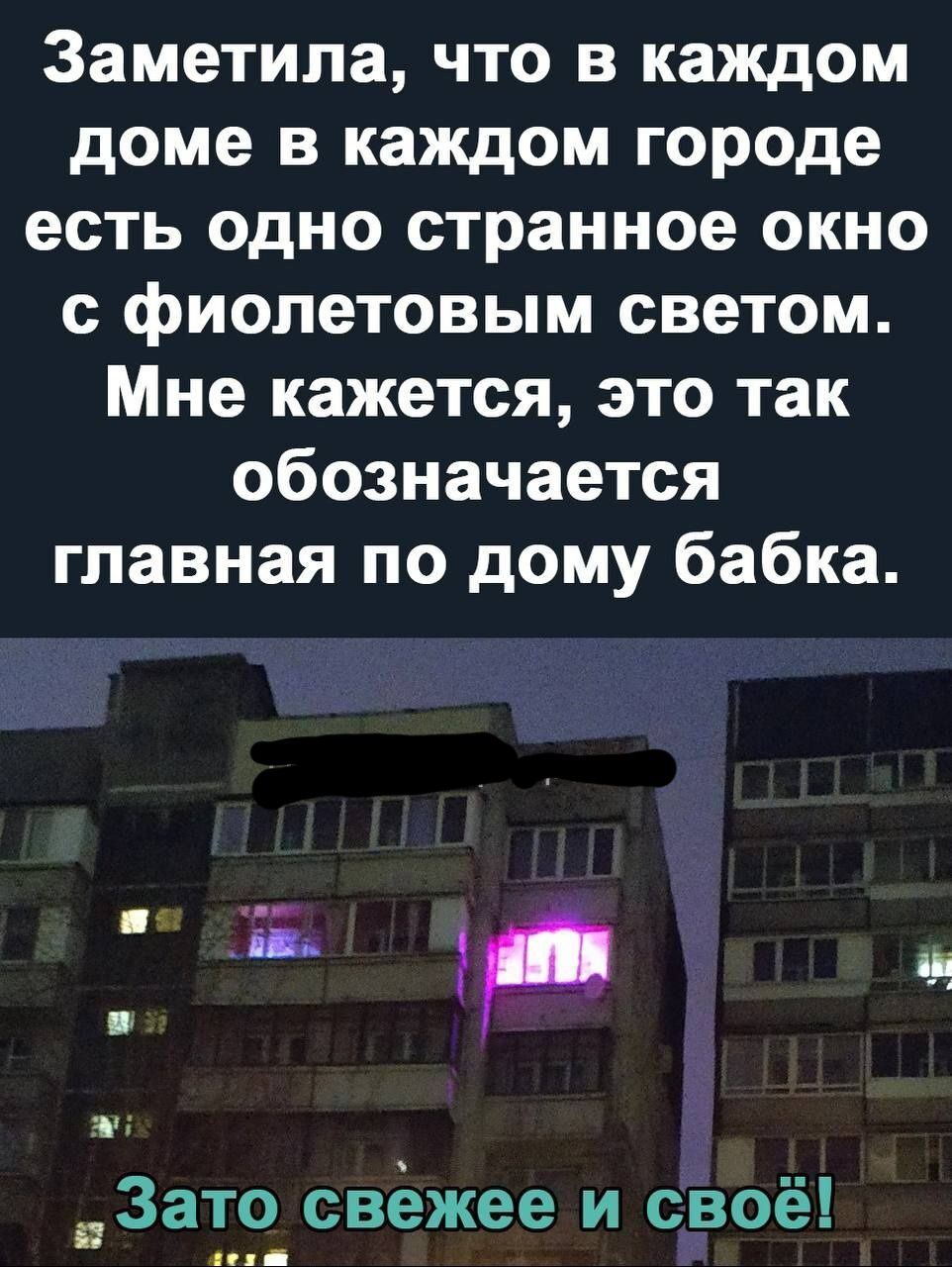 Заметила что в каждом доме в каждом городе есть одно странное окно с  фиолетовым светом Мне кажется это так обозначается главная по дому бабка ч  Зато свежее и своё ні - выпуск