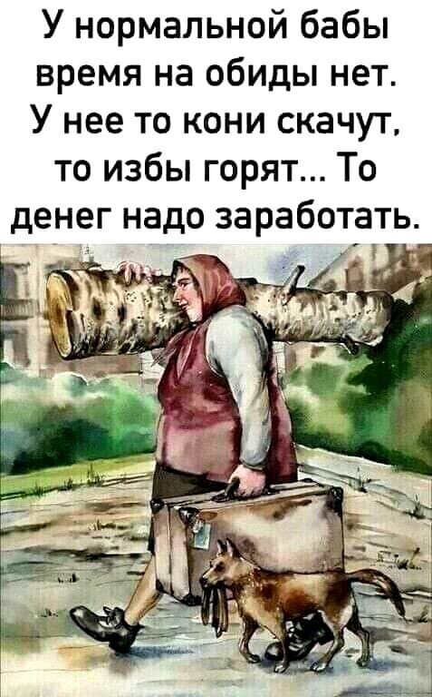 У нормальной бабы время на обиды нет У нее то кони скачут то избы горят То денег надо заработать