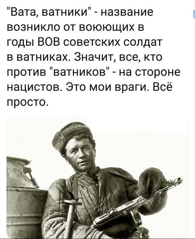 Вата ватники название возникло от воюющих в годы ВОВ советских солдат в ватниках Значит все кто против ватников на стороне нацистов Это мои враги Всё просто