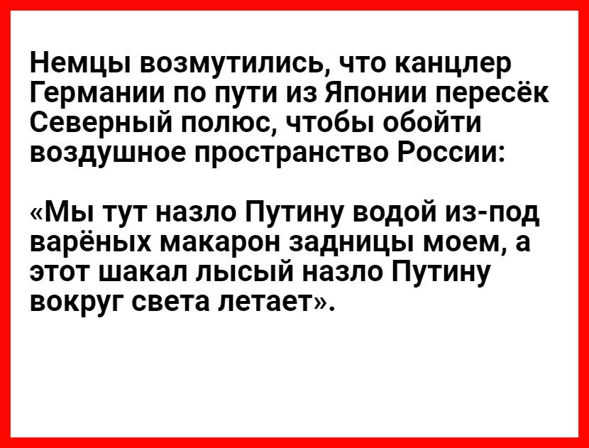 Немцы возмутились что канцлер Германии по пути из Японии пересёк Северный полюс чтобы обойти воздушное пространство России Мы тут назло Путину водой из под варёных макарон задницы моем а этот шакал лысый назло Путину вокруг света летает