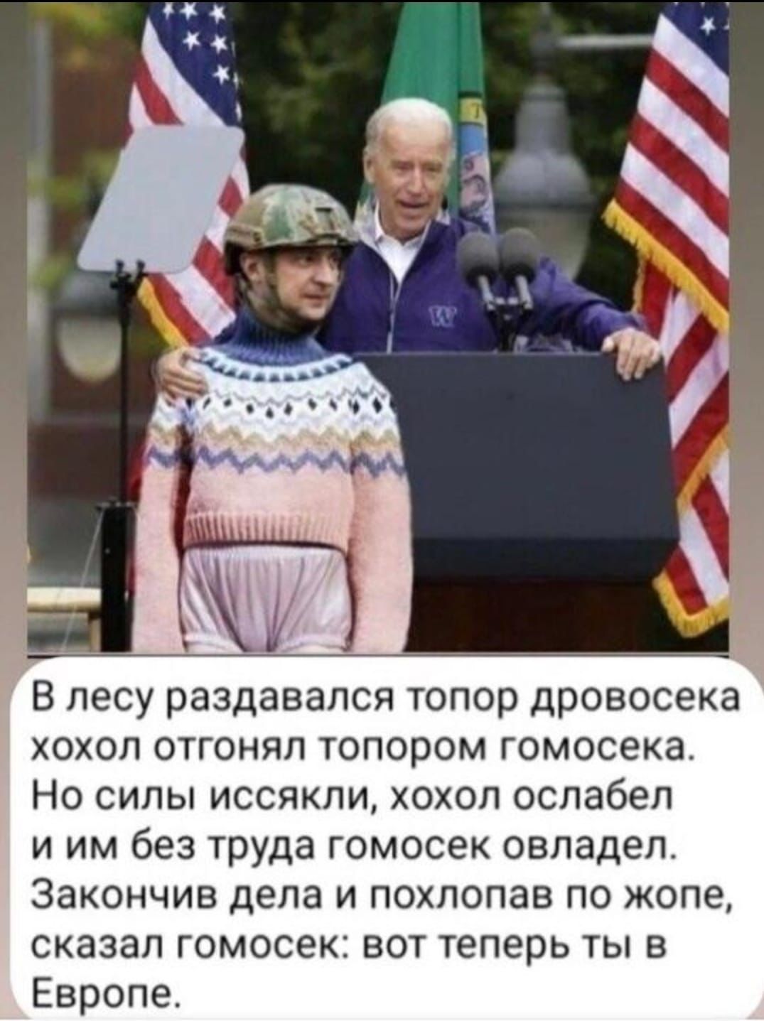 В лесу раздавался топор дровосека хохол отгонял топором гомосека Но силы иссякли хохол ослабел и им без труда гомосек овладел Закончив дела и похлопав по жопе сказал гомосек вот теперь ты в Европе