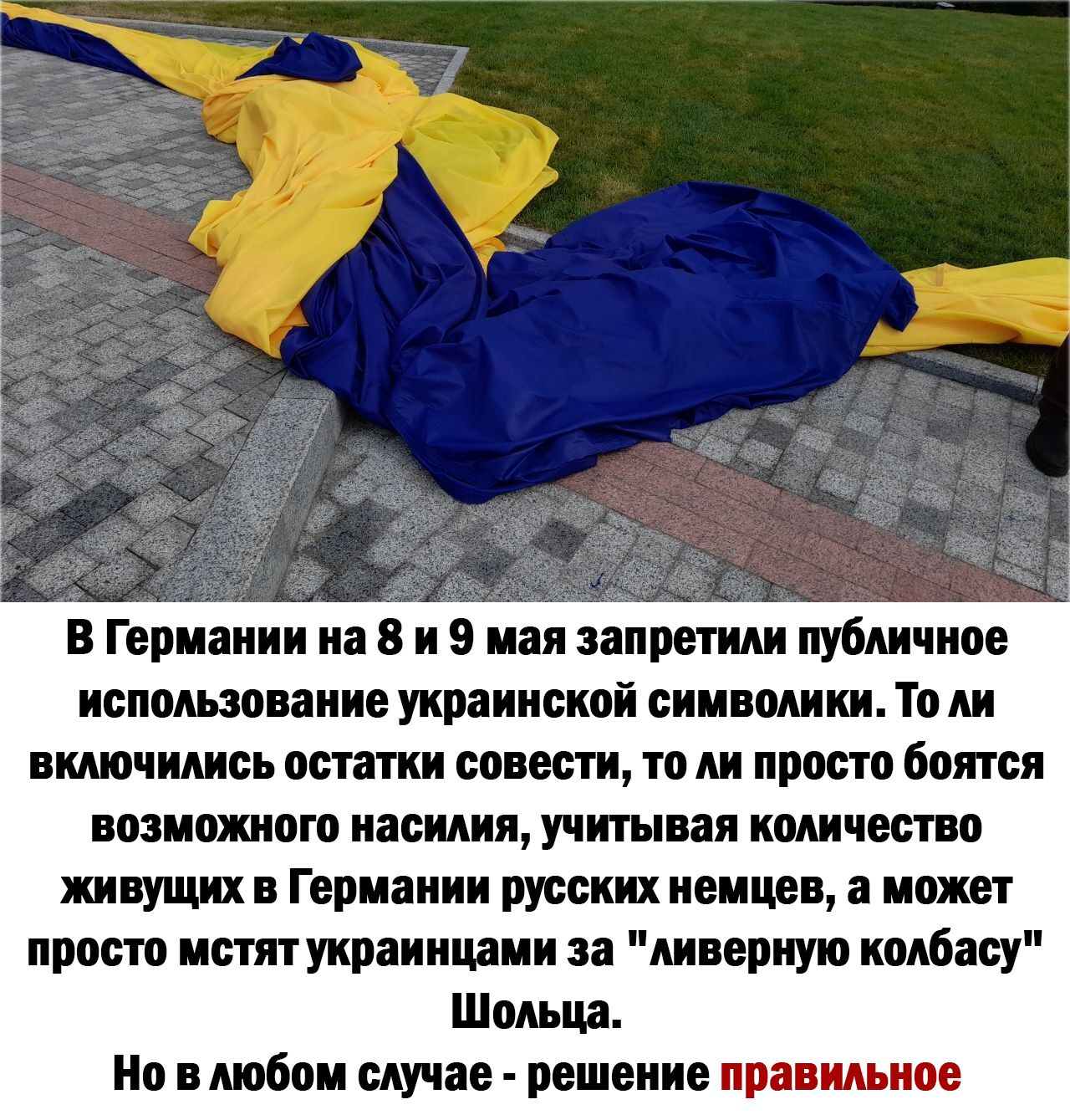 В Германии на 8 и 9 мая запретили публичное использование украинской символики То ли включились остатки совести то ли просто боятся возможного насилия учитывая количество живущих в Германии русских немцев а может просто мстят украинцами за ливерную колбасу Шольца Но в любом случае решение правильное