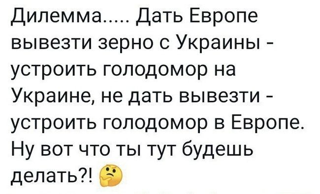 Дилемма Дать Европе вывезти зерно с Украины устроить голодомор на Украине не дать вывезти устроить голодомор в Европе Ну вот что ты тут будешь делать
