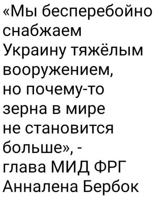 Мы бесперебойно снабжаем Украину тяжёлым вооружением но почему то зерна в мире не становится больше глава МИД ФРГ Анналена Бербок