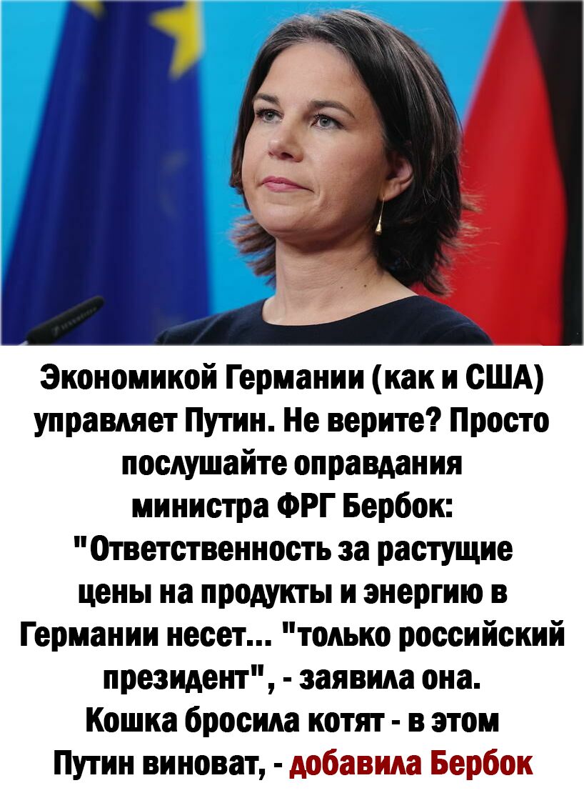 а Экономикой Германии как и США управляет Путин Не верите Просто послушайте оправдания министра ФРГ Бербон Ответственность за растущие цены на продукты и энергию в Германии несет только российский президент заявила она Кошка бросила иотят в этом Путин виноват добавила Берёзы