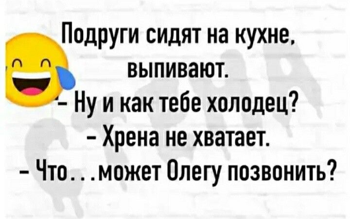 Подруги сидят на кухне выпивают Ну и как тебе холодец Хрена не хватает Что может Олегу позвонить