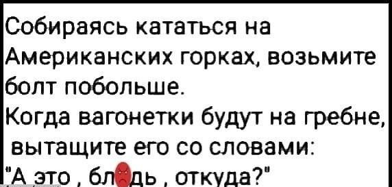 Собираясь кататься на Американских горках возьмите болт побольше Когда вагонетки будут на гребне вытащите его со словами А это блдь откуда