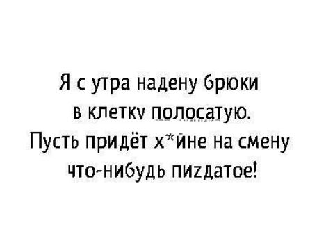 Я с утра надену брюки в клетку полцсдтую Пусть придёт хйне на смену что нибудь пиидатое