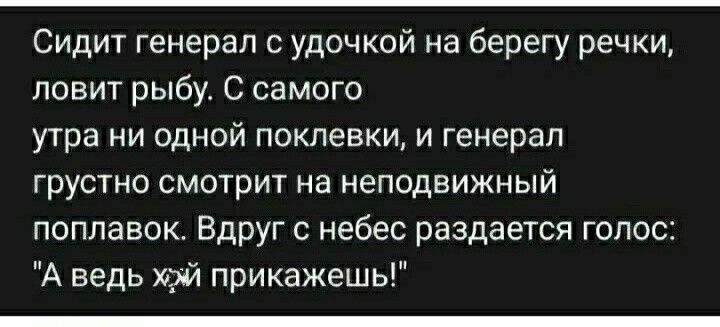 Сидит генерап с удочкой на берегу речки ловит рыбу С самого утра НИ ОДНОЙ поклевки И генерал грустно смотрит на неподвижный поплавок Вдруг с небес раздается голос А ведь Й прикажешь