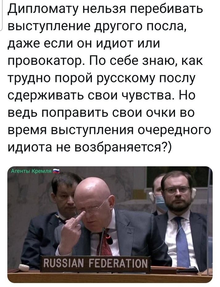 Дипломату нельзя перебивать выступление другого посла даже если он идиот или провокатор По себе знаю как трудно порой русскому послу сдерживать свои чувства Но ведь поправить свои очки во время выступления очередного идиота не возбраняется