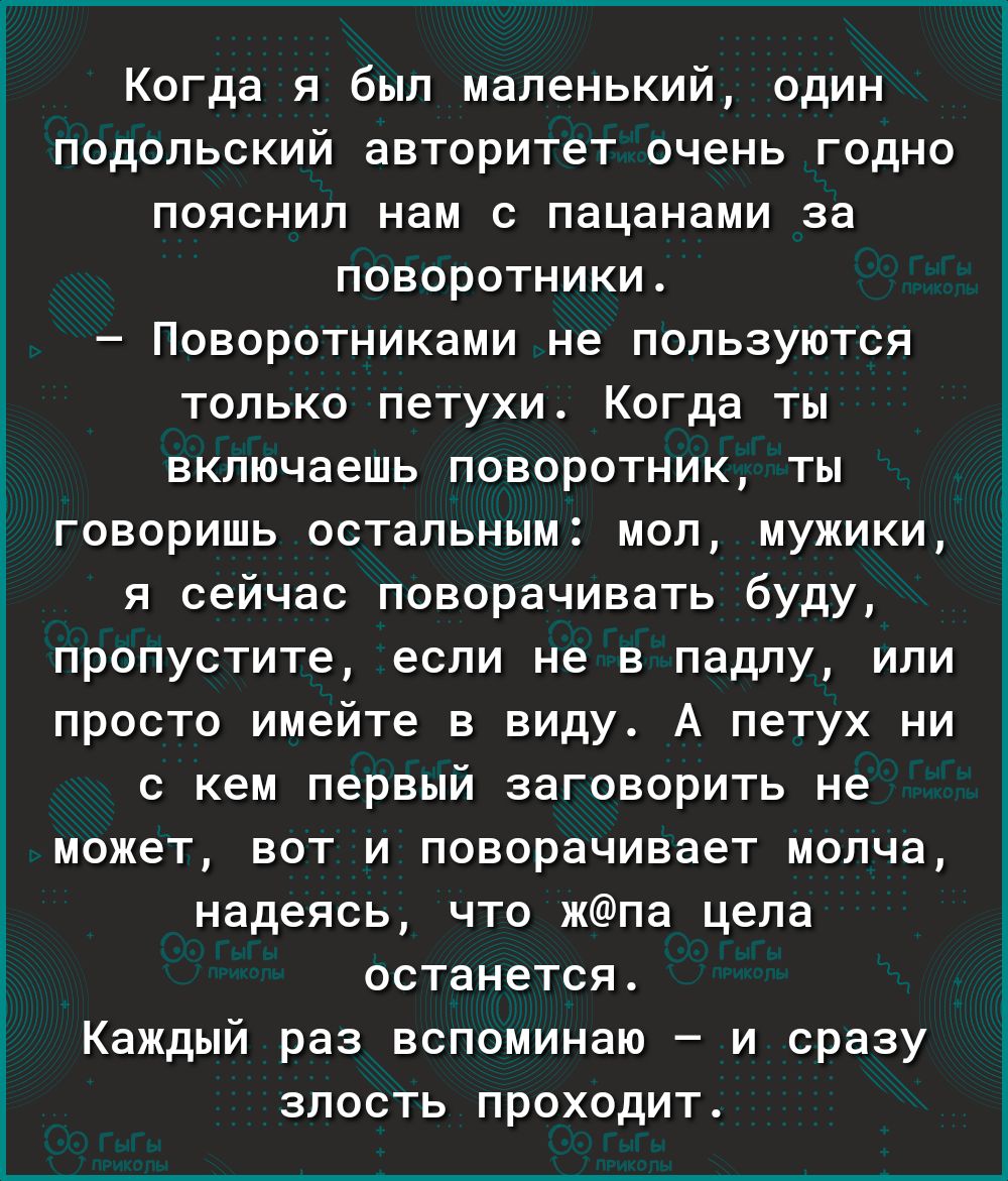 ___ Когда я был маленьким один подольский авторитет очень годно пояснил нам с пацанами за поворотники Поворотниками не пользуются только петухи Когда ты включаешь поворотник ты говоришь остальным мол мужики я сейчас поворачивать буду пропустите если не в падлу или просто имейте в виду А петух ни с кем первый заговорить не может вот и поворачивает молча надеясь что жпа цела останется Каждый раз всп