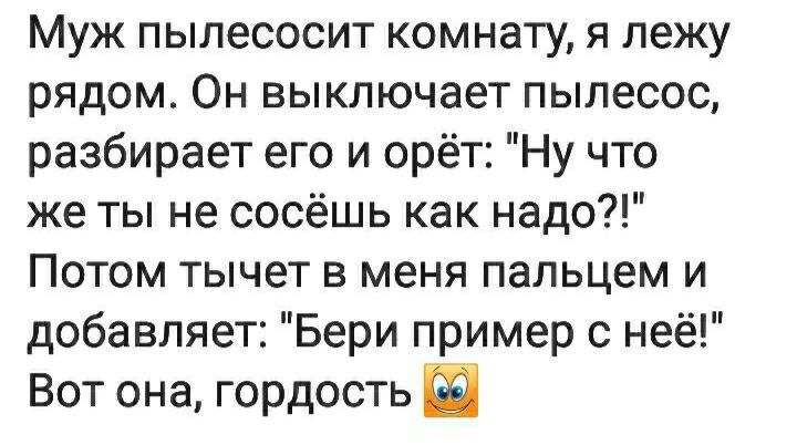 Муж пылесосит комнату я лежу рядом Он выключает пылесос разбирает его и орёт Ну что же ты не сосёшь как надо Потом тычет в меня пальцем и добавляет Бери пример с неё Вот она гордость Ш