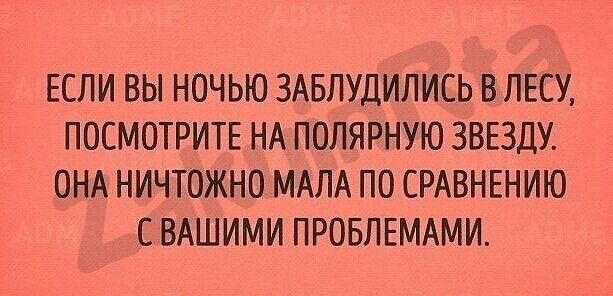ЕСЛИ ВЫ НОЧЬЮ ЗАБЛУДИЛИСЬ В ЛЕСУ ПОСМОТРИТЕ НА ПОЛЯРНУЮ ЗВЕЗДУ ОНА НИЧТОЖНО МАЛА ПО СРАВНЕНИЮ С ВАШИМИ ПРОБЛЕМАМИ