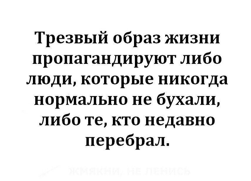 Трезвый образ жизни пропагандируют либо люди которые никогда нормально не бухали либо те кто недавно перебрал