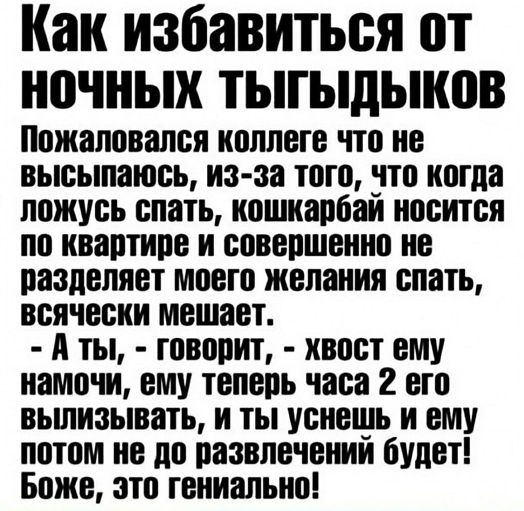 Как избавиться от ночных тыгыдынов Пожаловался ноллеге что не высьгпаюсь нз аа того это когда ложусь спать иошнврбаи носится по квартире и совершенно не разделяет моего желания спать всячески мешает А ты говорит хвост ему иамочи ему теперь часа 2 его вьшизывать и ты уснегнь и ему потом не до развлечении будет Боже ато гениально