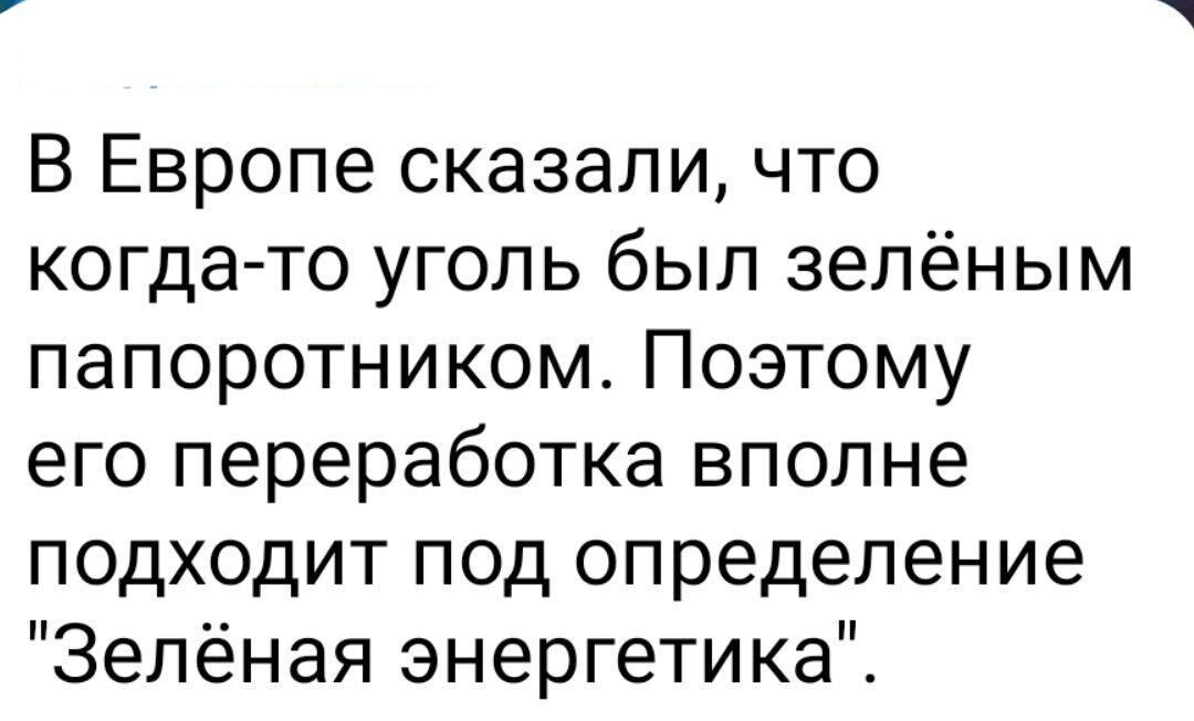 В Европе сказали что когда то уголь был зелёным папоротником Поэтому его переработка вполне подходит под определение Зелёная энергетика