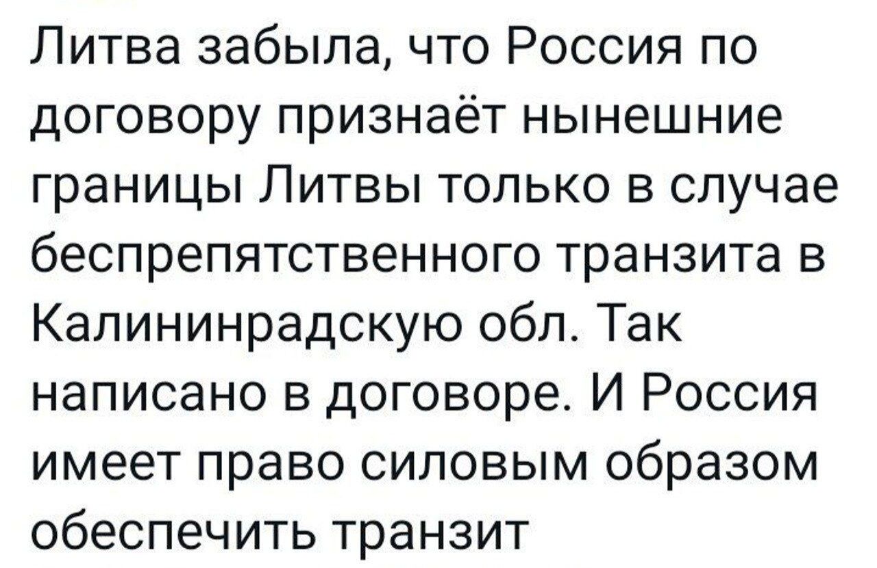 Литва забыла что Россия по договору признаёт нынешние границы Литвы только в случае беспрепятственного транзита в Капининрадскую обл Так написано в договоре И Россия имеет право силовым образом обеспечить транзит