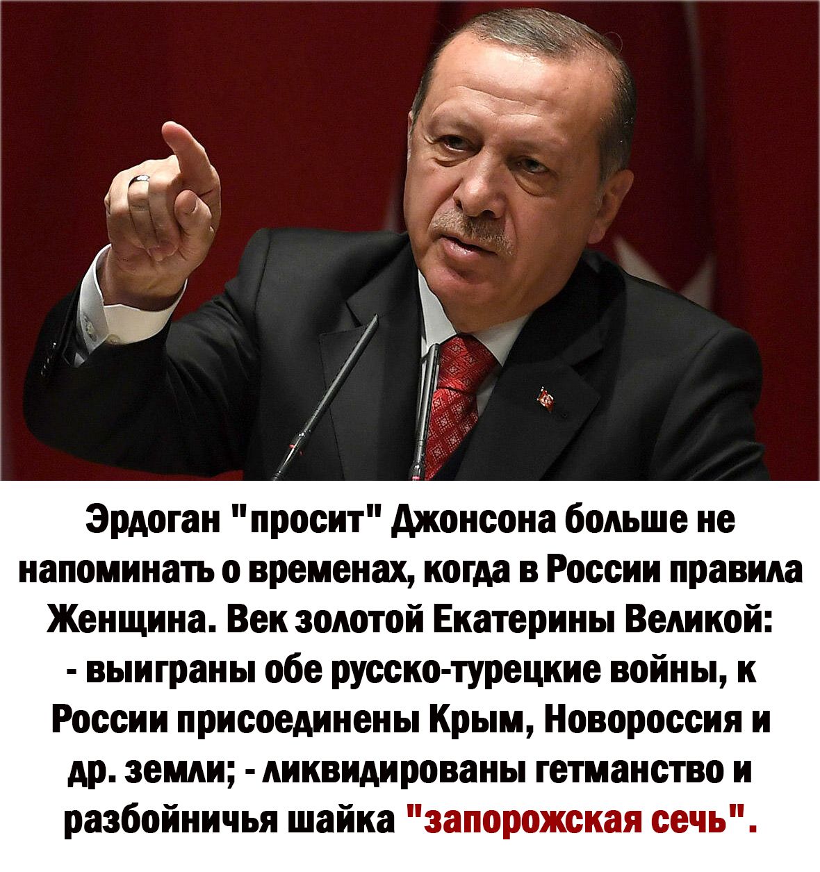 Эрдоган просит Ажонсона больше не напоминать о временах когда в России правила Женщина Век золотой Екатерины Великой выиграны обе русско турецкие войны к России присоединены Крым Нов россия и др земли киквидированы гетманом и разбойничьн шайка запорожская сечь