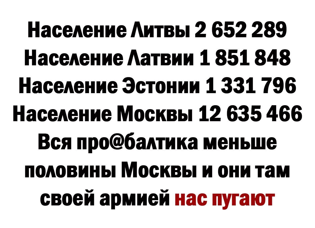 Население Аитвы 2 652 289 Население Мтвии 1 851 848 Население Эстонии 1 331 796 Население Москвы 12 635 466 Вся про6алтика меньше половины Москвы и они там своей армией нас пугают