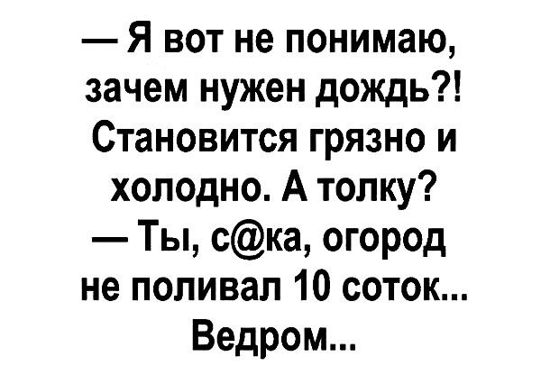 Я вот не понимаю зачем нужен дождь Становится грязно и холодно А толку Ты ска огород не поливал 10 соток Ведром