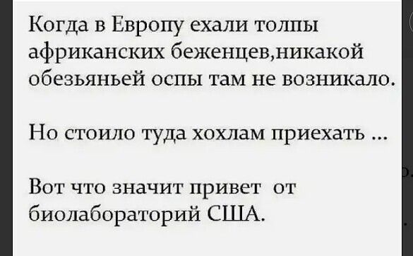 Когда в Европу ехали толпы африканских беженцевдикакой обезьяньей оспы там не возникало НО СТОПО Туда ХОХЛЗМ ПРИЕХЗТЪ Вот что значит привет от биолабораторий США
