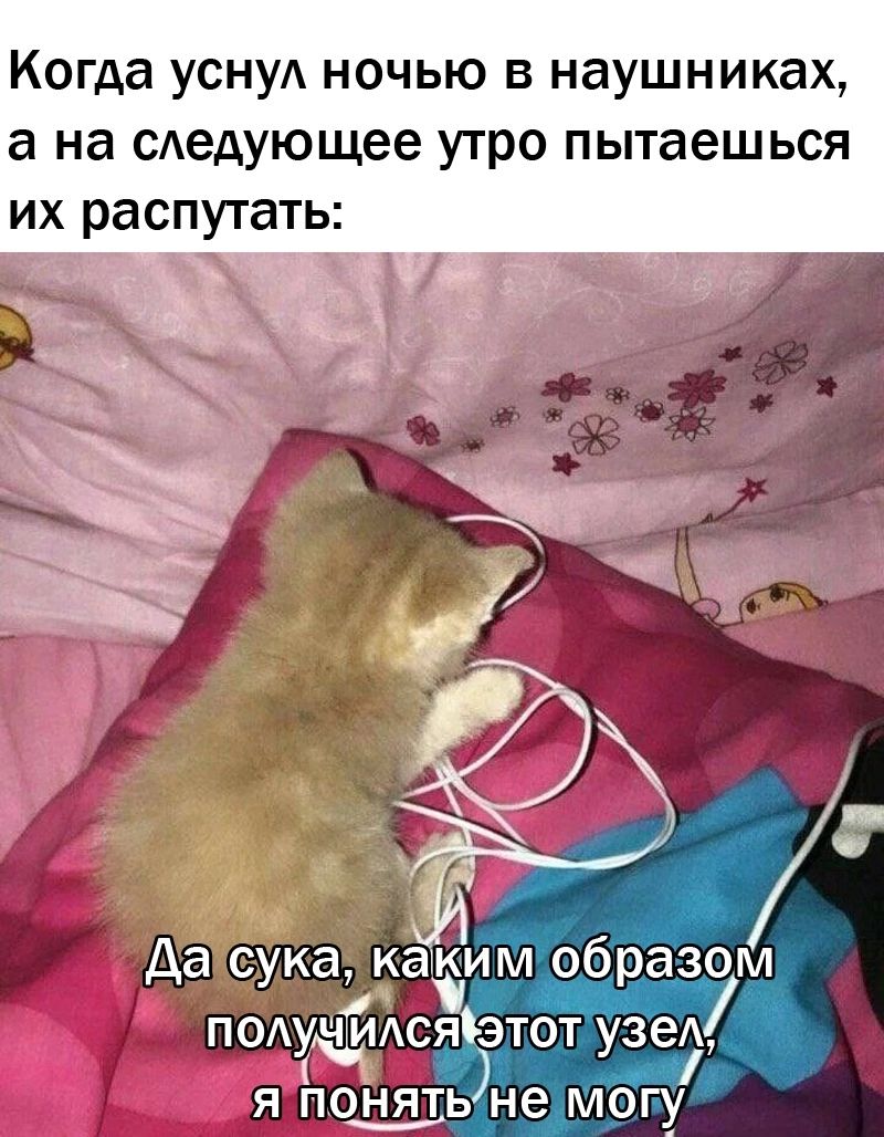 Когда усну ночью в наушниках а на следующее утро пытаешься их распутать Е понять не могу