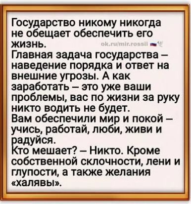 Государство никому никогда не обещает обеспечить его жизнь _ Главная задача государства наведение порядка и ответ на внешние угрозы А как заработать это уже ваши проблемы вас по жизни за руку никто водить не будет Вам обеспечили мир и покой _ учись работай люби живи и адуйся то мешает Никто Кроме собственной склочнооти лени и глупости а таюке желания халявы