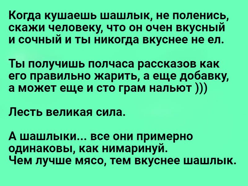 Когда КУШЗЕШЬ шашлык не ПОПЕНИСЬ скажи ЧЕЛОВЕКУ ЧТО В ОЧЕН ВКУСНЫЙ И СОЧНЫЙ И ТЫ НИКОГДЗ вкуснее не ел Ты получишь полчаса рассказов как его правильно жарить а еще добавку а может еще и сто грам нальют ЕСТЬ великая сила А шашлыки все ОНИ ПРИМЕРНО одинаковы как нимаринуй_ Чем лучше мясо тем вкуснее шашлык