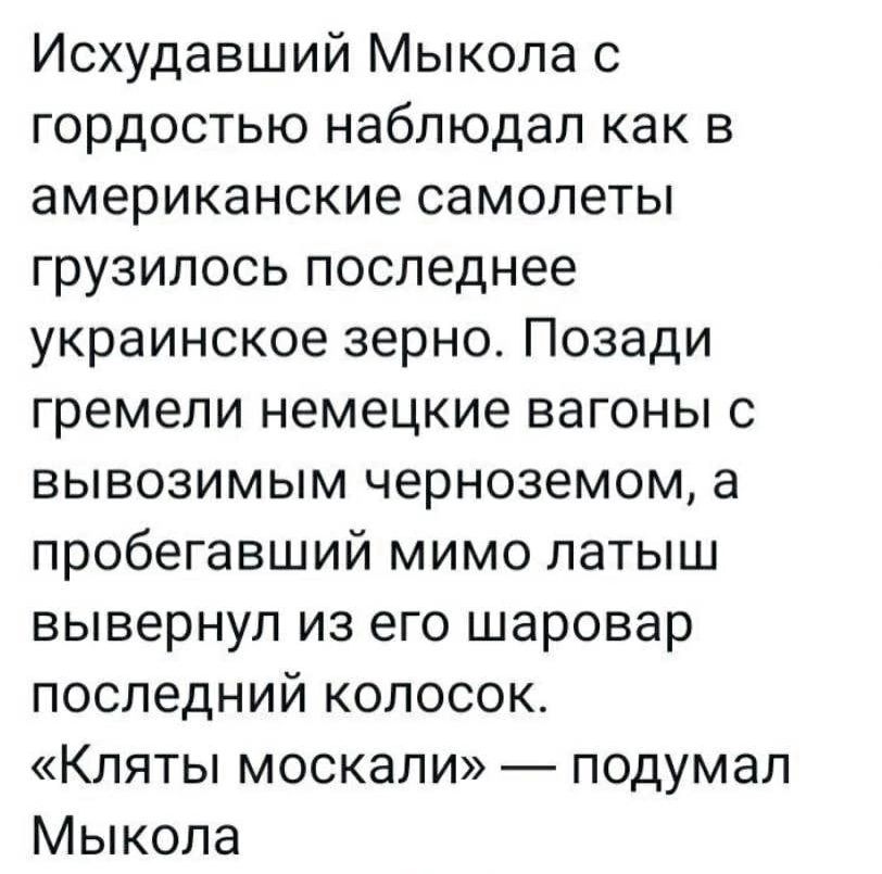 Исхудавший Мыкола с гордостью наблюдал как в американские самолеты грузилось последнее украинское зерно Позади гремели немецкие вагоны с вывозимым черноземом а пробегавший мимо латыш вывернуп из его шаровар последний копосок Кляты москали подумал Мыкола