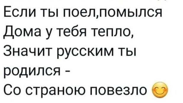 Если ты поелпомылся Дома у тебя тепло Значит русским ты родился Со страною повезло