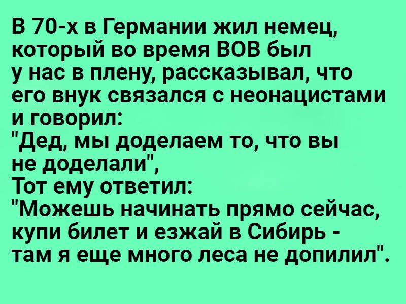 В 70х в Германии жип немец который во время ВОВ был У нас В плену рассказывал ЧТО его внук связался с неонацистами и говорил дед мы додепаем то что вы не доделали Тот ему ответил Можешь начинать прямо сейчас купи билет и езжай в Сибирь там я еще много леса не допилип