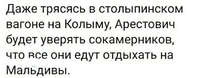 Даже трясясь в столыпинском вагоне на Копыму Арестович будет уверять сокамерников что все они едут отдыхать на Мальдивы