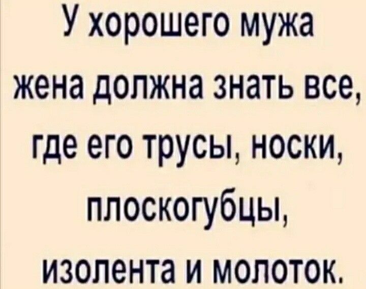 У хорошего мужа жена должна знать все где его трусы носки плоскогубцы изолента и молоток