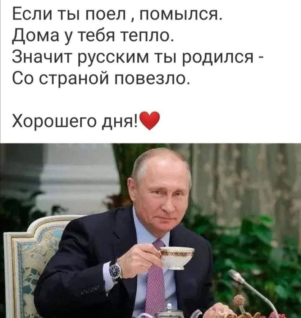 Если ты поел помыпся Дома у тебя тепло Значит русским ты родился Со страной повезло Хорошего дняі