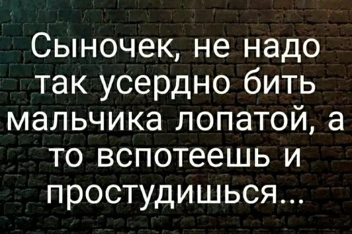 Сыночек не надо так усердно бить мальчика лопатой а то вспотеешь и простудишься