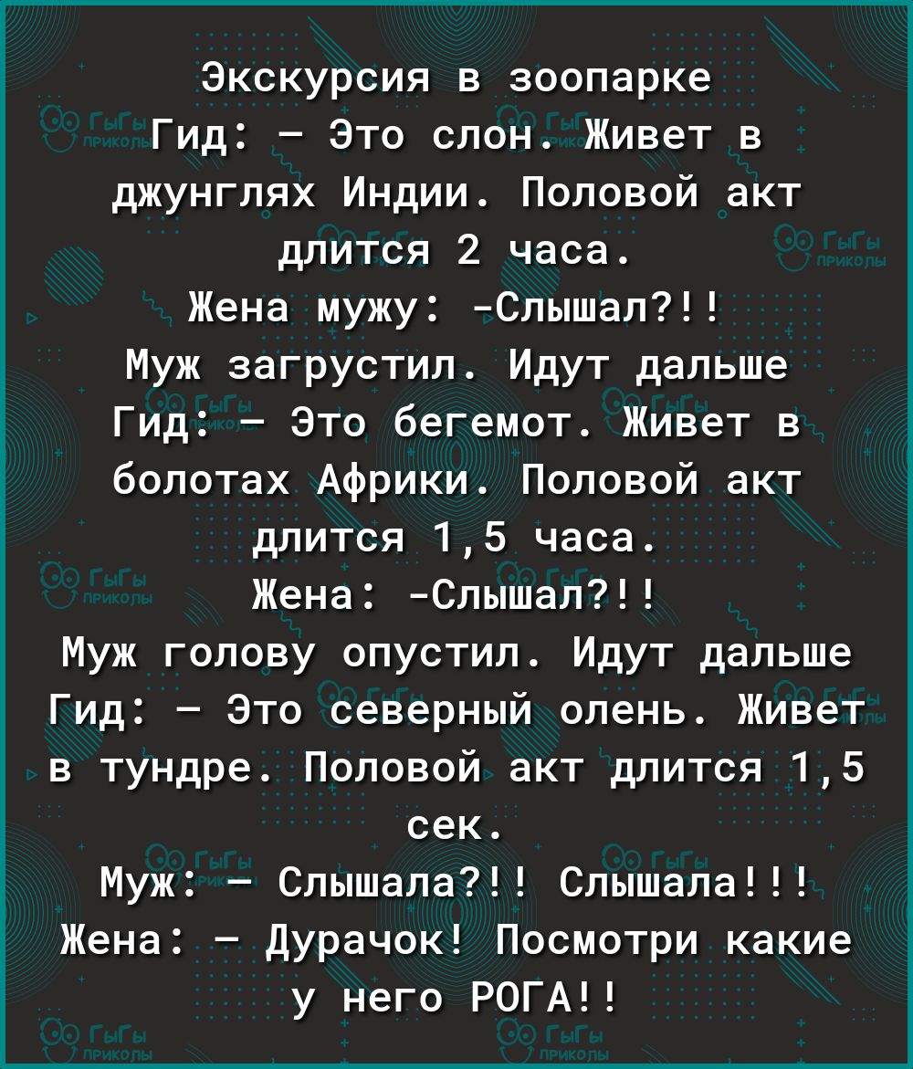 Экскурсия в зоопарке Гид Это спонт Живет в джунглях Индии Половой акт длится 2 часа Жена мужу Спышвл Муж загрустип Идут дальше Гид Это бегемот Живет в болотах Африки Поповой акт дпится 15 часа Жена Спышап Муж голову опустил Идут дальше Гид Это северный олень Живет в тундре Половой акт длится 15 сек Муж Слышала Слышала Жена дурачок Посмотри какие у него рогм