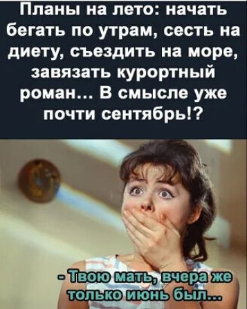 Планы на лето начать бегать по утрам сесть на диету съездить на море завязать курортный роман В смысле уже почти сентябрь аіШШЬ вчера же толко июнь бь