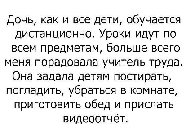 Дочь как и все дети обучается дистанционно Уроки идут по всем предметам больше всего меня порадовала учитель труда Она задала детям постирать погладить убраться в комнате приготовить обед и прислать видеоотчёт