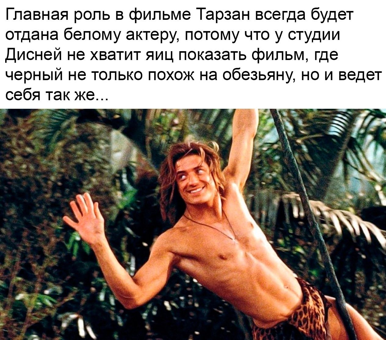 Главная роль в фильме Тарзан всегда будет отдана белому актеру потому что у студии Дисней не хватит яиц показать фильм где ЧЕРНЫЙ не ТОЛЬКО ПОХОЖ на обезьяну НО И ведет себя так же