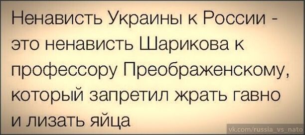 ависть Украины к России это ненависть Шарикова к профессору Преображенскому который запретил жрать гавно ть яйца