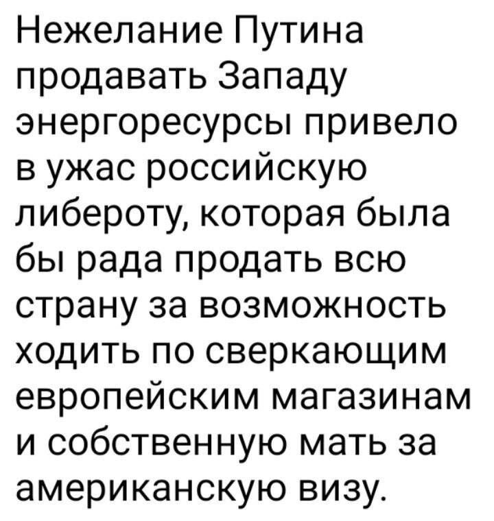 Нежелание Путина продавать Западу энергоресурсы привело в ужас российскую либероту которая была бы рада продать всю страну за возможность ходить по сверкающим европейским магазинам и собственную мать за американскую визу