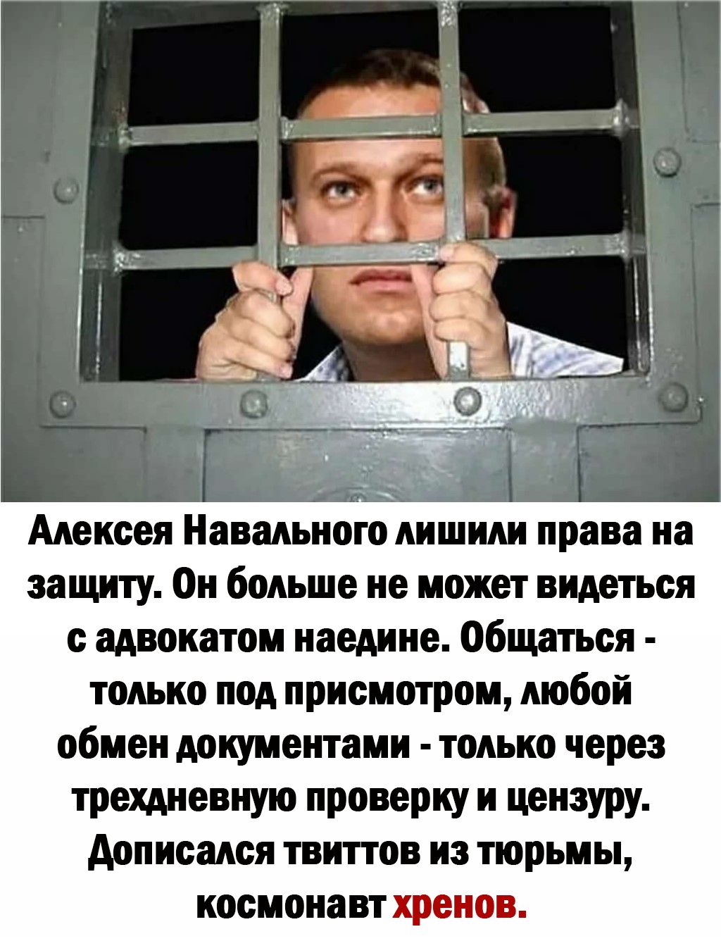 Алексея Навшного Аншнлн права на защиту Он больше не может видеться адвокатом наедине общаться только под присмотром мобой обмен документами только через трехдневную проверку и цензуру Аоннсанся тент гов из тюрьмы космонавт хрени