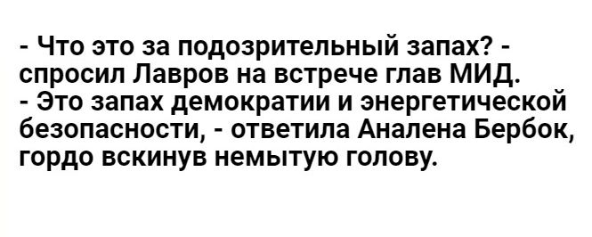 Что это за подозрительный запах спросил Лавров на встрече глав мид это запах демократии и энергетической безопасности ответила Анапена Бербак гордо вскинув немытую голову