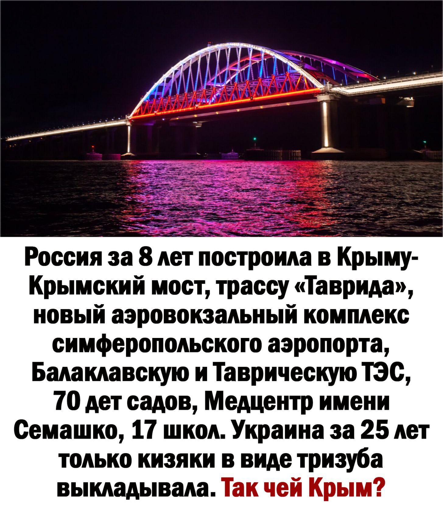 России за 8 лет построим в Крыму Крымский мост трассу Таврида новый аэровокзадьиый комплекс симферопольского аэропорта Бшмавскую и Твори ческую ТЭС 10 дет садов Медцентр имени Семашко 11 школ Украина за 25 лет только папки в виде тризуба вынашивала Так чей Крым