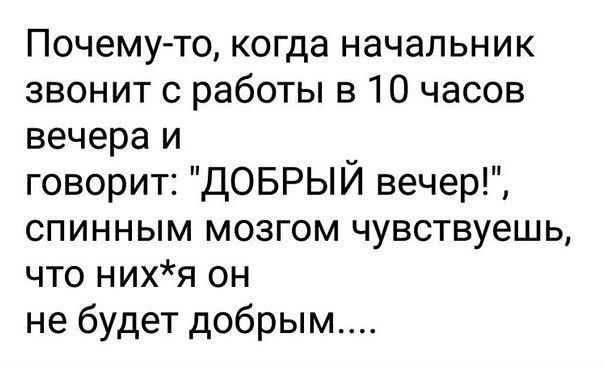 Почему то когда начальник звонит с работы в 10 часов вечера и говорит ДОБРЫЙ вечер спинным мозгом чувствуешь что нихя он не будет добрым