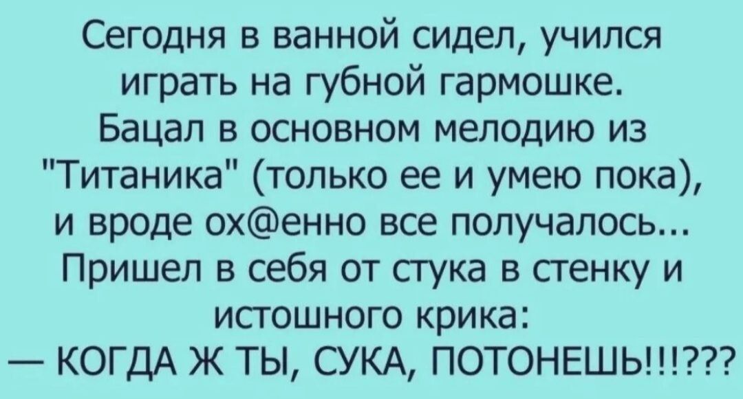 Сегодня в ванной сидел учился играть на губной гармошке Бацал в основном мелодию из Титаника только ее и умею пока и вроде оенно все получалось Пришел в себя от сгука в стенку и ИСГОШНОГО крика КОГДА Ж ТЫ СУКА ПОТОНЕШЬ