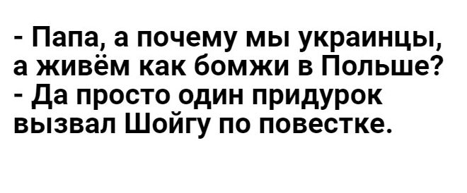 Папа а почему мы украинцы а живём как бомжи в Польше да просто один придурок вызвал Шойгу по повестке